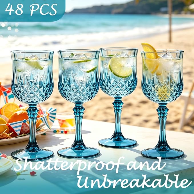 Plastic Wine Glasses, Plastic Goblets Vintage Style Cordial Unbreakable Drinking Glasses, Reusable Drinkware for Wedding Reception, Grand Event Party Supplies (48, Dusty Blue)