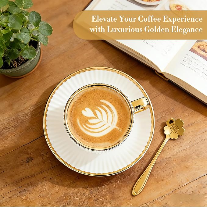 Cappuccino Cups Set of 4, 7oz Espresso Cups Set with Saucers and Sakura Spoons, Gold Trim Ceramic Coffee Tea Cups for Latte, Mocha, Au Lait, Dishwasher & Microwave Safe, Art Deco (Gold Striped/200ml)