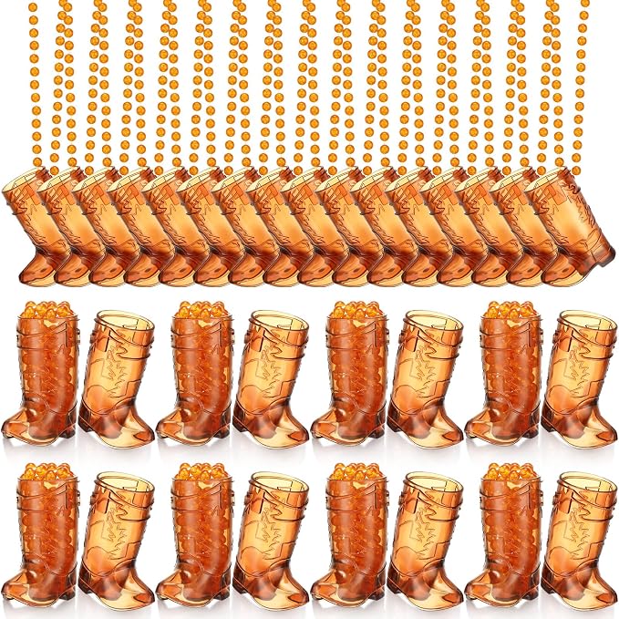 Sieral 36 Pcs Cowboy Boot Shot Glasses on Beaded Necklace Plastic Reusable Cowgirl Shot Boot Glasses Necklace Party Cups for Cowboy Cowgirl Bachelorette Carnival Western Birthday (Transparent Brown)