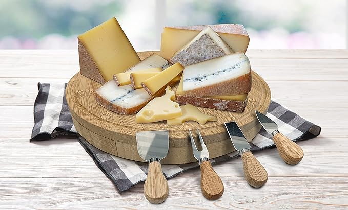 10” Round Cheese Bamboo Board Set with Cheese Knives for Charcuterie Boards, Bamboo