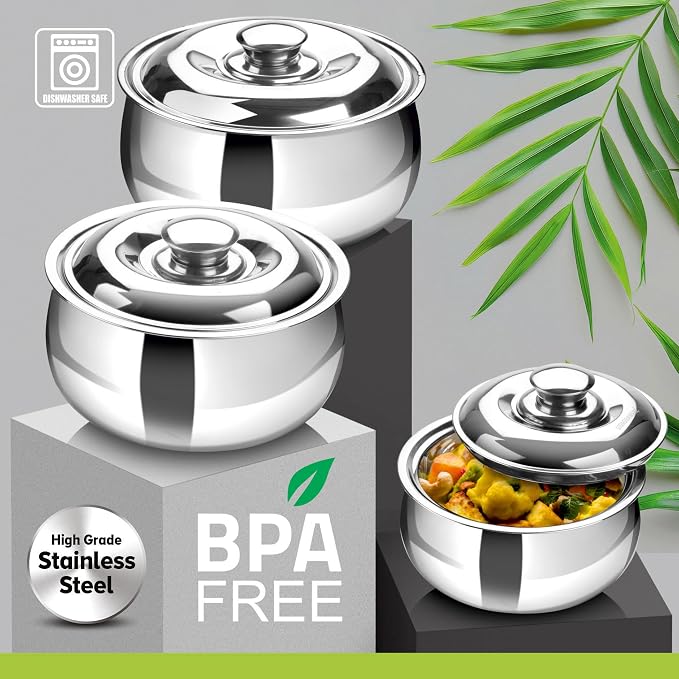 SIGNORA WARE Large Insulated Casserole Dish with Lid Set of 3. Stainless steel Hot Pot Food Warmer/Cooler -Thermal Soup/Salad Serving Bowl Stainless Steel Hot Food Container–Best Gift Set for Moms