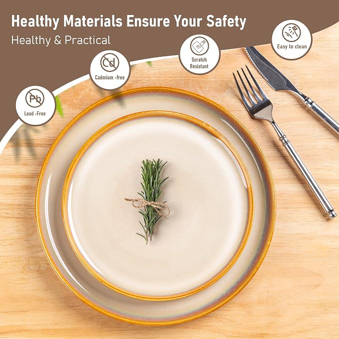 LERATIO Ceramic Dinnerware Sets for 4,12 Pieces Poreclain Plates and Bowls Sets,Scratch Resistant Dishes,Dishwasher & Microwave Safe Dishes Set,Service for 4-Kahki
