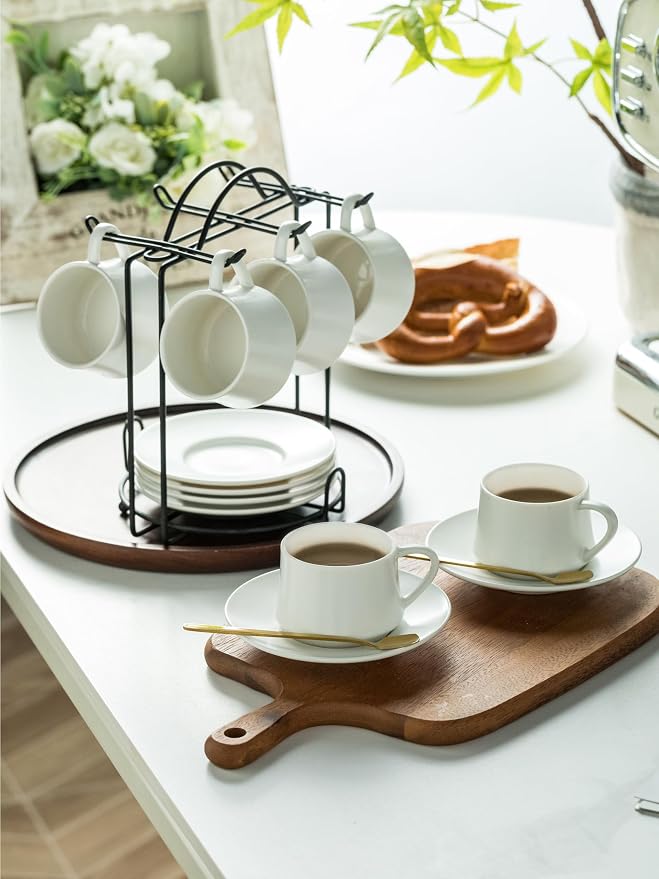 YHOSSEUN Espresso Cups Set of 6, Ceramic Expresso Shot Cups with Saucers, Stir Spoons, and Metal Stand, 4 OZ Small Coffee Cup for Father's Day, Tea Party - White