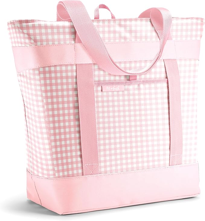 Fit & Fresh Insulated Grocery Tote Bag – Large Reusable Thermal Cooler Bag for Shopping, Food Delivery & Catering – Premium Leak Resistant Food Carrier, Foldable Soft Cooler, Pink Gingham