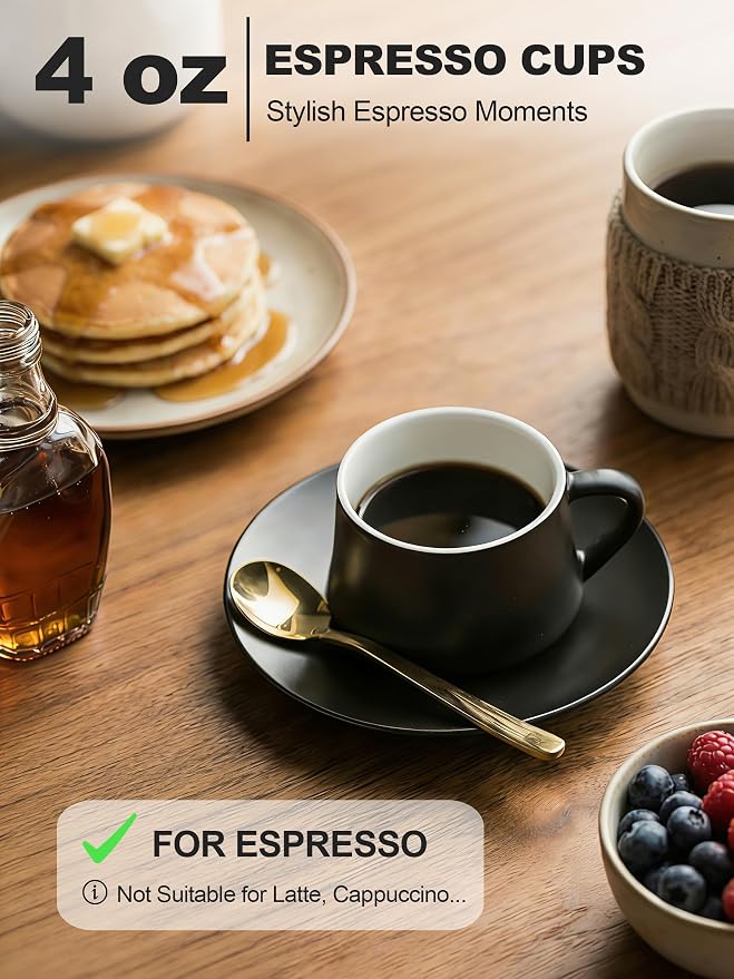 YHOSSEUN Ceramic Espresso Cups Set of 6, 4 OZ Expresso Shots Cup with Stand, Saucers & Spoons, Small Coffee Cup Demitasse Cups for Father's Day, Espresso Accessories for Machine, Black
