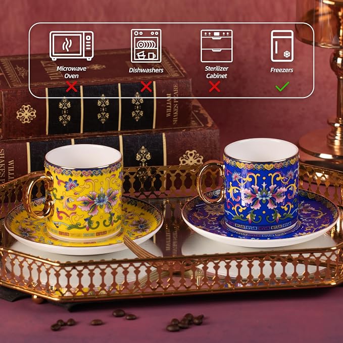 KAMMAK Tea Cups and Saucers Set of 2, Porcelain Coffee Cups, 7oz Stackable Espresso Mugs, Ceramic Demitasse for Coffee, Latte, Americano, Tea (639N+640N)