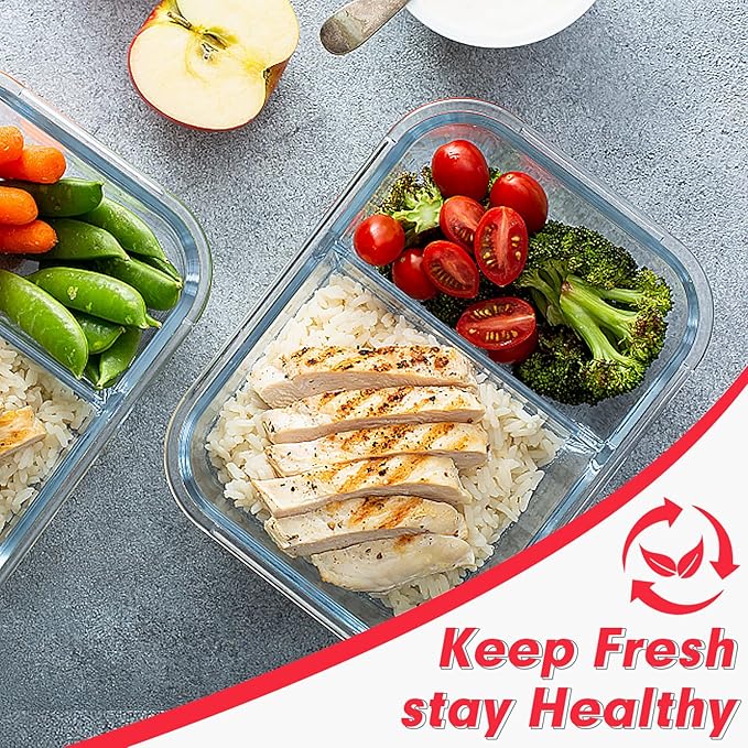 VERONES 10 Pack Glass Meal Prep Containers 2 Compartment Set, 30 OZ Airtight Glass Lunch Containers, Glass Food Storage Containers with Lids, for Microwave, Oven, Freezer & Dishwasher Friendly，Red