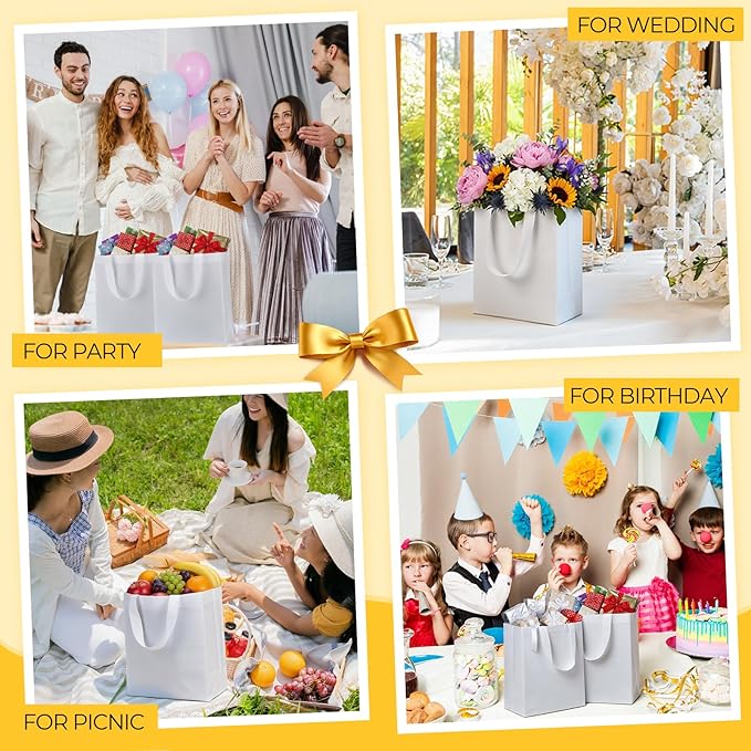 Eccliy Reusable Gift Bags Set Glossy Grocery Gift Tote Bag with Handle for Wedding, Bridal Shower, 4th of July, Summer Event(10 x 8 x 4.7 Inch,White,80 Pcs)