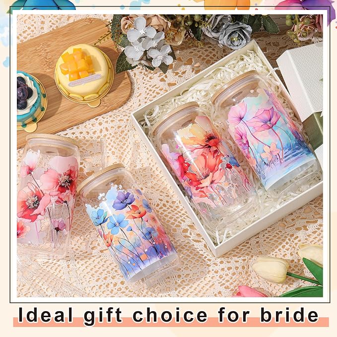 Mumufy 4 Pack Wildflower Glass Cups Gift Aesthetic Cute Glass Cup Tumbler Flower Iced Coffee Mugs 16 oz with Bamboo Lid & Straw, for Wedding Birthday Bridesmaid Mom Baby Shower