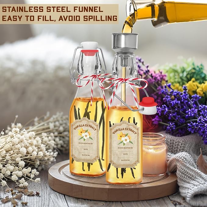 10 Pack Swing Top Glass Vanilla Extract Bottles 8 oz with Lids, Vanilla Labels & Funnel, Boston Square Bottles for Homemade Syrup, DIY Gifts, Flip Top Jars for Extract