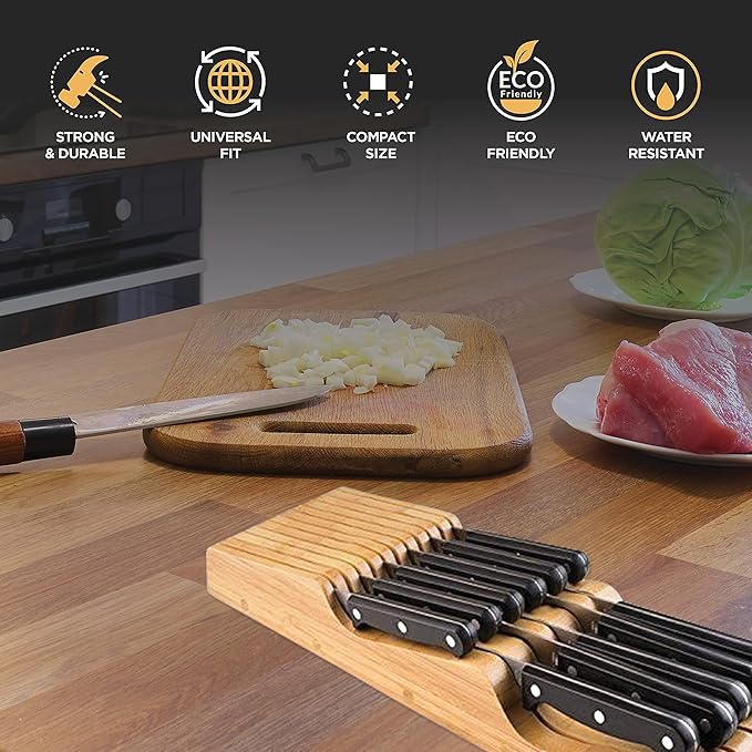 Knife Block Drawer Organizer - Bamboo Knife Drawer Organizer Insert for Kitchen Drawer, In Drawer Knife Holder, 16 Slot Drawer Knife Block, Drawer Knife Organizer, Knife Storage Organizer for Drawer