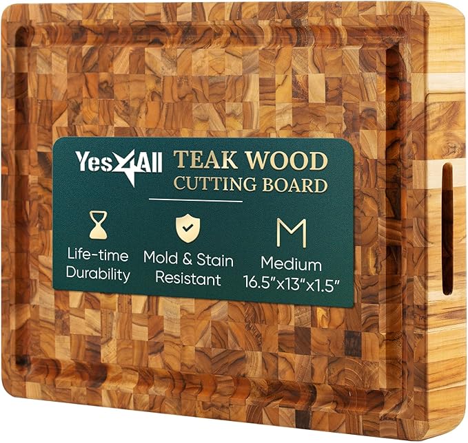 Yes4All Durable Teak Cutting Boards for Kitchen, [17''L x 13''W x 1.5” Thick] Medium End Grain Cutting Board, Pre Oiled Wood Cutting Boards, Thick Chopping Board w/Juice Grooves and Easy Grip Handle