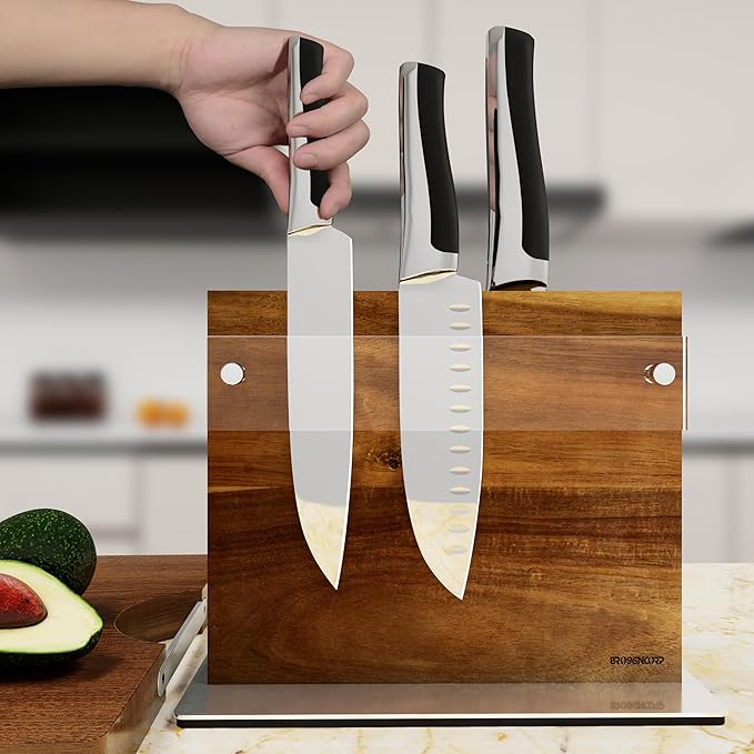 Brosisincorp Acacia Magnetic Knife Block Double-Sided for Kitchen Counter Top - Heavy Duty Base & Shatter-Resistant Acrylic Shield, Holds 10-12 Knives, Space Saving Organizer (No Knives Included)