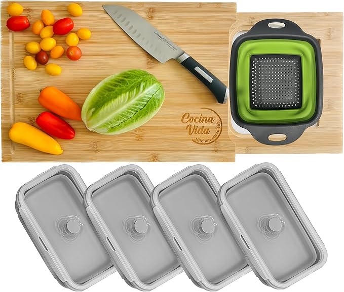 Cocina Vida Bamboo Cutting Board With 4 Collapsible Containers And Strainer, Over The Sink Cutting Board, All In One Chopping Expandable Slide-Out Meal Prep Wood Chopping Board, Kitchen Must Have