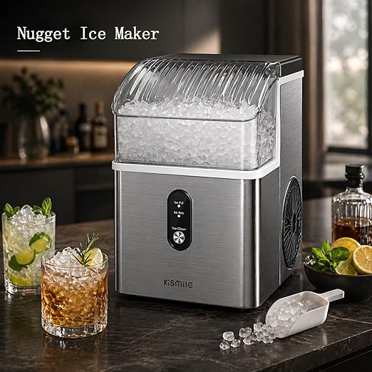 Kismile Nugget Ice Maker Countertop, Sonic Ice Maker with 35Lbs/24H, First Ice in 7 Mins, 1.2L Water Tank, Ice Basket Holds 2.2Lbs, Self-Cleaning Pebble Ice Machine for Home Kitchen Office Bar(Silver)