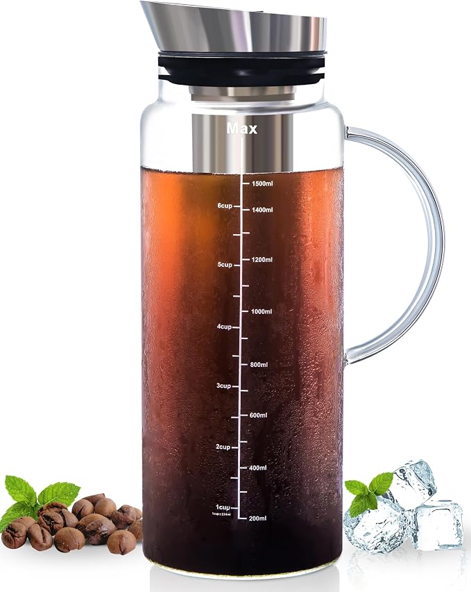 Aquach 51oz Cold Brew Coffee Maker, Borosilicate Glass Pitcher for Iced Tea | Dishwasher Safe, Family Size, Up to 2 Weeks Fresh Aroma, Refrigerator Fit, 304 Stainless Filter