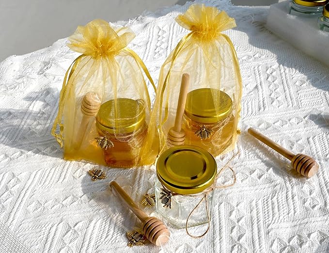 Adabocute Honey Pot, Mini Glass Honey Jars with Wood Dipper, Gold Lid, Bee Charms, Gold Organza Bags, Thank-you Tags, Ideal for Baby Showers Wedding Favors Party Favors, 2oz 15 Pack