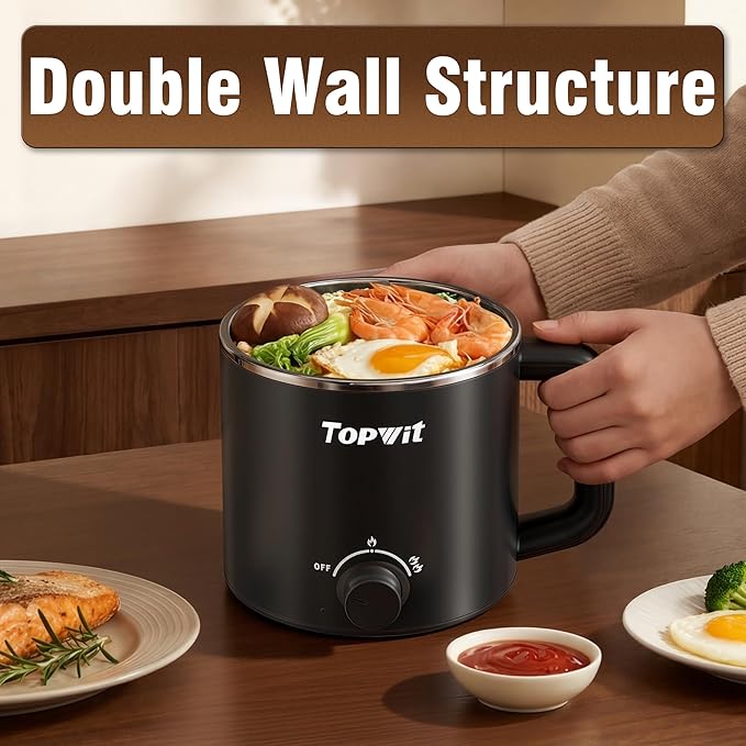 Topwit Hot Pot Electric with Steamer, 1.6L Ramen Cooker, Electric Pot for Pasta, Shabu-Shabu, Oatmeal, Soup and Egg, Portable Cooker with Dual Power Control, Dorm Room Essentials, Black