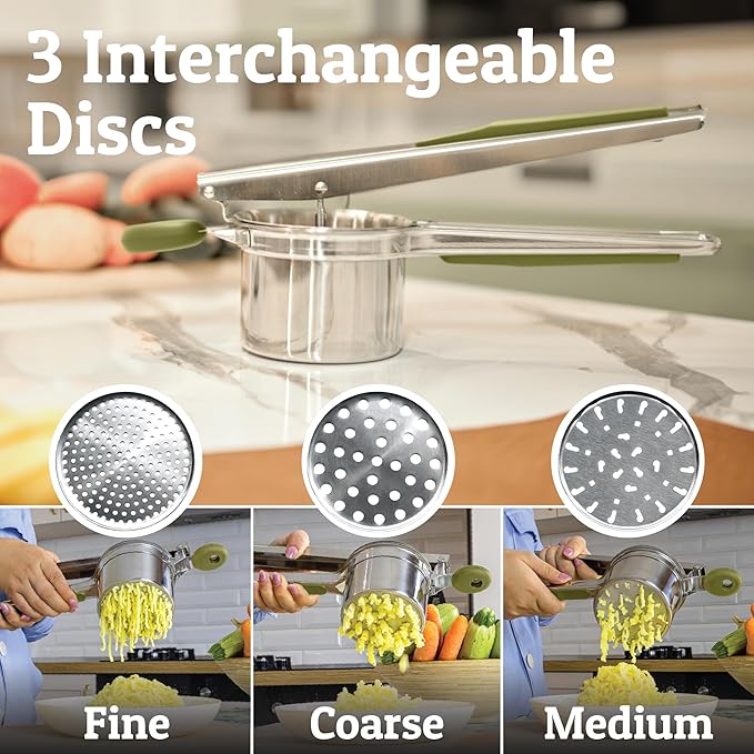 PriorityChef Large 15oz Potato Ricer With 3 Discs, Heavy Duty Stainless Steel Potato Ricer for Mashed Potatoes, Potato Masher, Press and Ricer Kitchen Tool, Olive Green