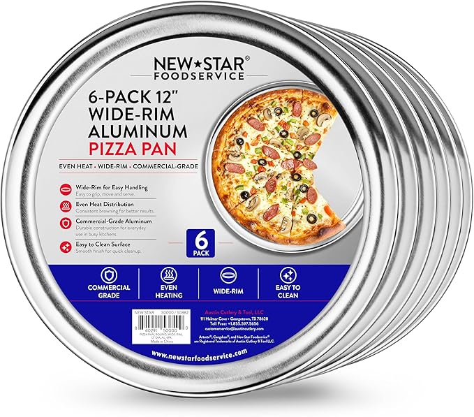 New Star Foodservice Restaurant-Grade Aluminum Pizza Pan/Tray with Wide Rim, 12 Inch, Pack of 6