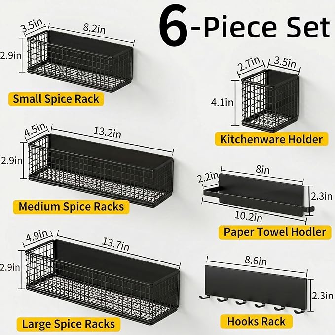 Magnetic Spice Rack Refrigerator,Include Paper Towel Holder And Hooks, For Traeger Grills Of Washing Machine Side (Black, 6-Pack)