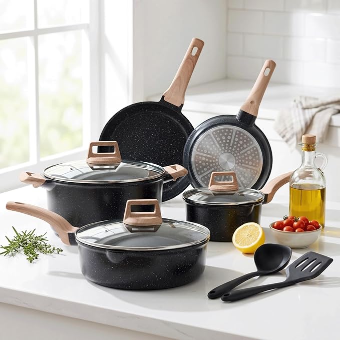 HealSmart 25Pcs Ceramic Cookware Set, Non-Toxic Nonstick Cooking Pots & Pans with Heat Resistant Grips, Complete Induction Compatible Kitchen Kit Including Multi-Size Frying Pans, Black