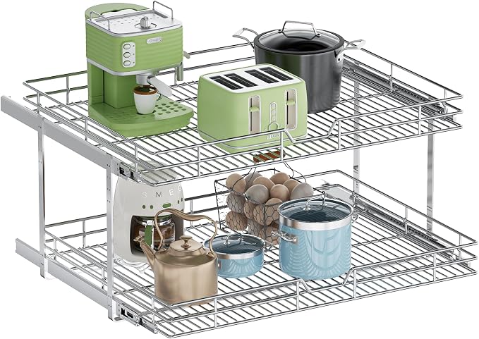 2-Tier Pull Out Cabinet Organizer, 31.5" W x 21.5" D, Heavy Duty Dual Slide Out Shelves for Wide Base Cabinets, Chrome Wire Basket Drawer for Pots, Pans, Pantry & Cleaning Supplies