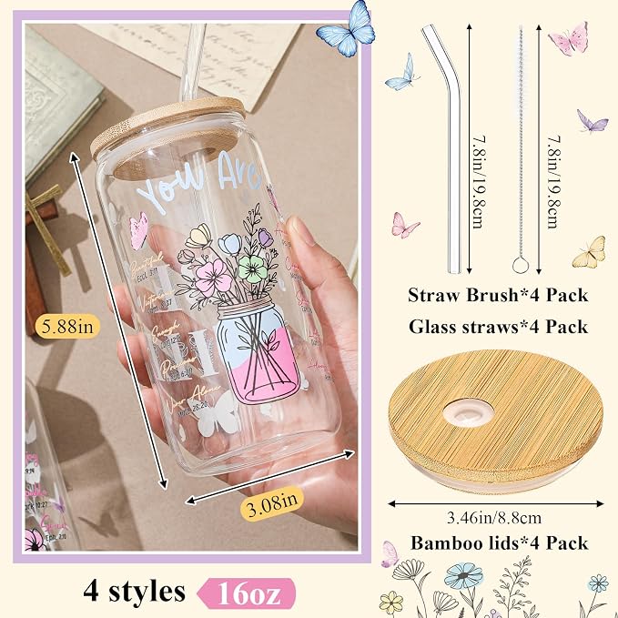 Mumufy 4 Pack Wildflower Glass Cups Gift Aesthetic Cute Glass Cup Tumbler Flower Iced Coffee Mugs 16 oz with Bamboo Lid & Straw, for Wedding Birthday Bridesmaid Mom Baby Shower