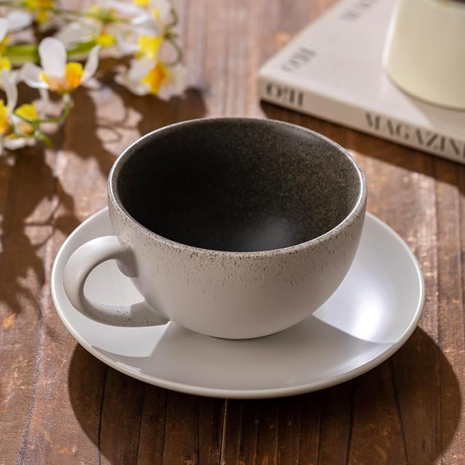 Ceramic Coffee Cup and Saucer Set, 10oz Handcrafted Speckled Latte Cappuccino Mug with Matching Saucer, Matte White Exterior & Black Interior, Espresso Tea Cup for Home Kitchen Cafe Daily Use Gift