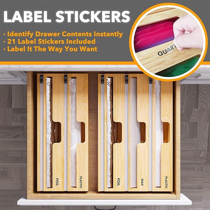 SpaceAid Bamboo Silverware Drawer Organizer (Natural, 6 Slots) 3 in 1 Wrap Organizer with Cutter and Labels