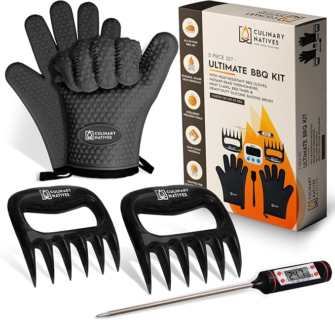 Smoker Gloves and Meat Claws | Instant-Read Thermometer | No.1 Silicone Smoker Gloves & Pulled Pork Claws | Heavy-Duty Heatproof BBQ Mitts and Meat Shredders for Barbecue, Grilling, Smoking, Shredding