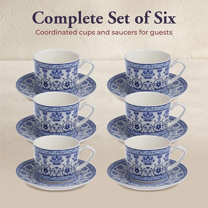 Zagara Home Mardin Porcelain Coffee Cup Set of 6, Espresso Cups and Saucers Set, Turkish Coffee Cups, French Coffee Cups, Lightweight Porcelain Vintage Small Cups for Coffee and Tea