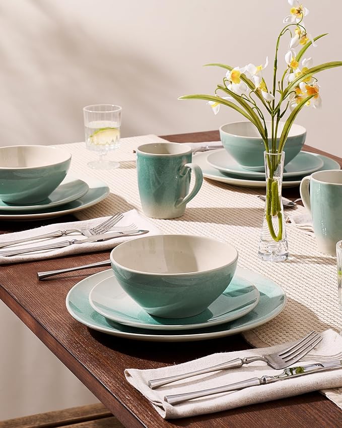 Famiware Glacier Stoneware Dinnerware Sets, 18-Piece Plates and Bowls Set for 6, Reactive Glaze Dishes, Everyday & Formal Use, Dishwasher/Microwave Safe, Chip/Scratch Resistant, Two-Color Glazed, Aqua