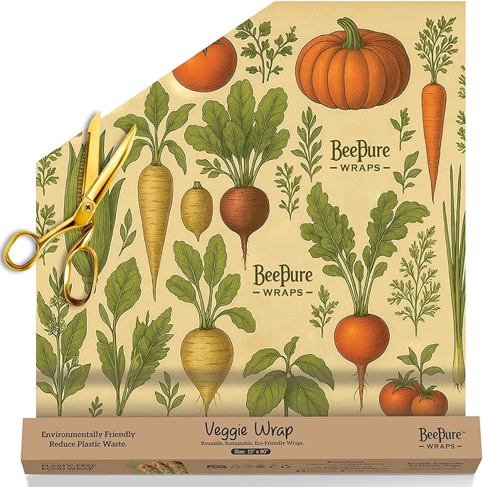 Reusable Beeswax Food Wrap Roll – Bees & Veggies (15”×80”)