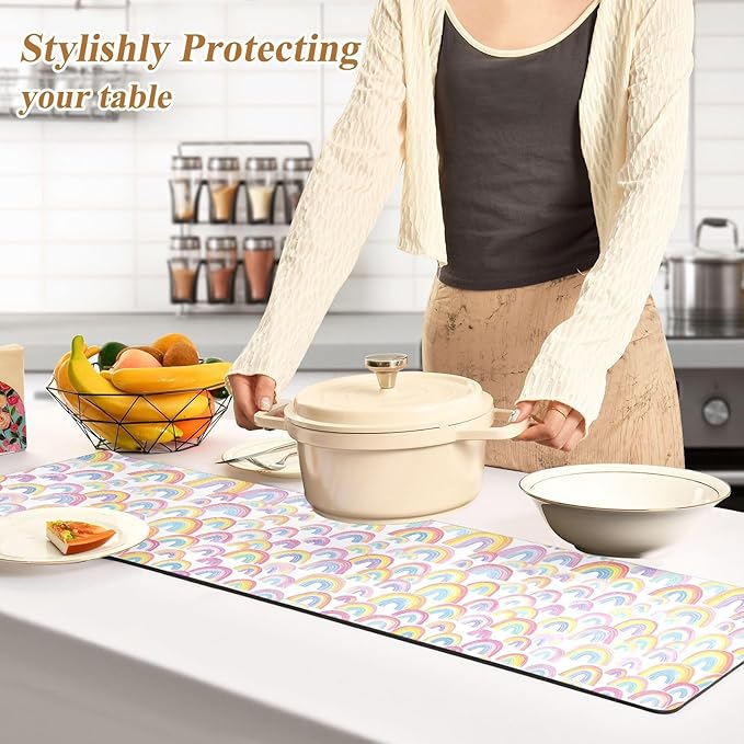 2 in 1 Table Runner Trivet for Hot Pots and Pans Heat Resistant Non Slip Waterproof 39 x 12 Inch Decorative Table Protector for Kitchen Countertop Gradient Cute Rainbows