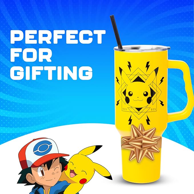 Silver Buffalo Pokémon Featuring Pikachu Lightning Double Walled Stainless Steel Tumbler with Handle, Fits in Standard Cup Holder, 40 Ounces
