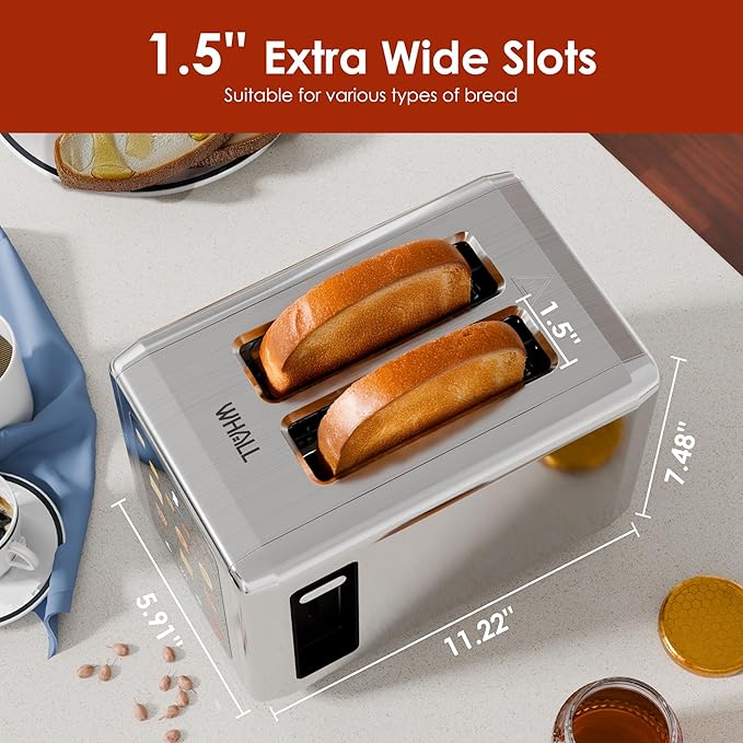 WHALL Full Touch Screen Toaster 2 Slice, 1.5'' Wide Slot Stainless Steel Toaster with Digital Timer, 6 Bread Types & 6 Shade Settings, Crumb Tray, Reheat/Defrost, Smart Toasters for Bagels, Silver