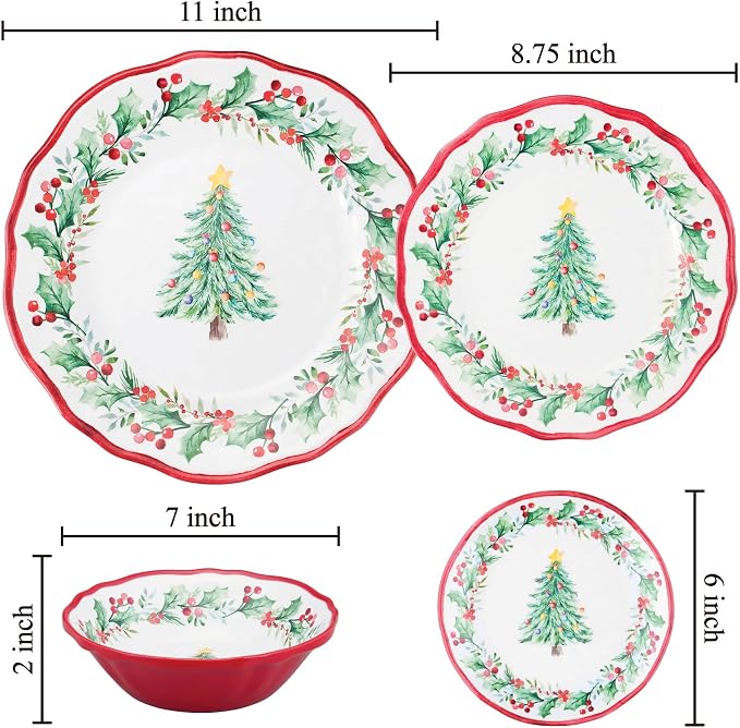 UPware 16 Piece Christmas Tree Melamine Dinnerware Sets, Outdoor Dishes Set, Plates and Bowls Sets, Christmas Decorations, Service for 4, Red