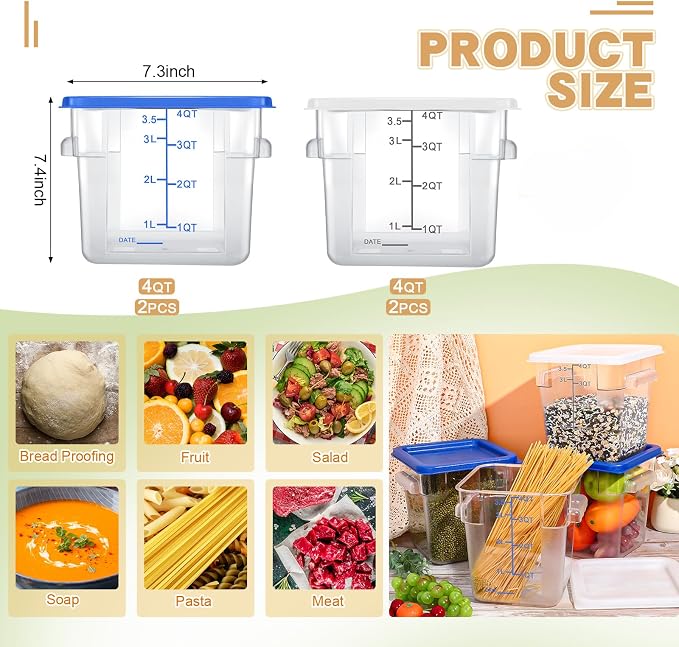 Maxcheck 4 Pcs 4qt Food Storage Container with Lids Bulk Clear Plastic Commercial Food Storage Bins with Scale Handle Space Saving Restaurant Tubs for Kitchen Prep Proof Dough(White, Blue)