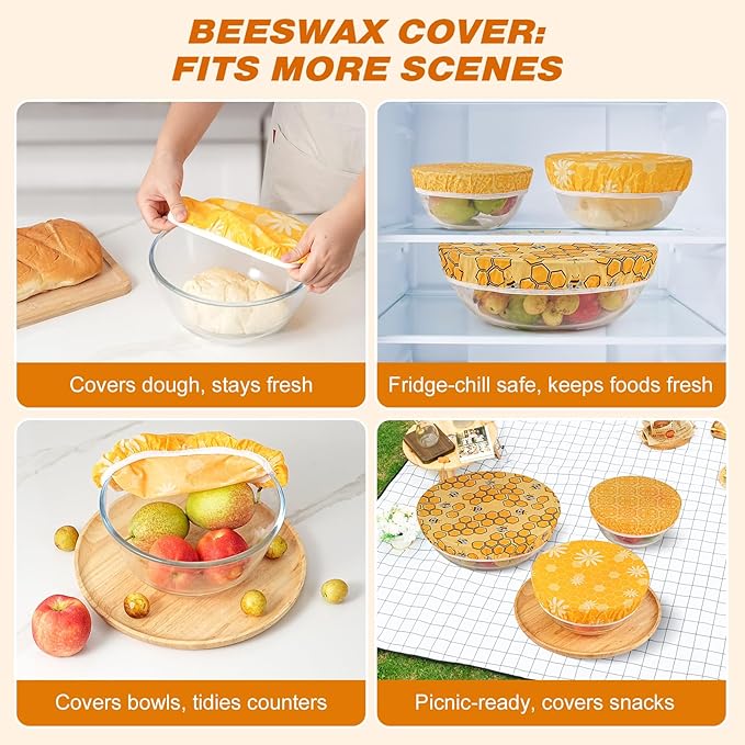 6 Pcs Beeswax Bowl Covers Reusable, Large Reusable Bowl Covers for Bread Proofing,Stretchable to Fit 8/10/12 Inch Bowls (2 Each),3 Patterns, Beeswax Wraps for Bread,Leftovers,Fruits,Salad