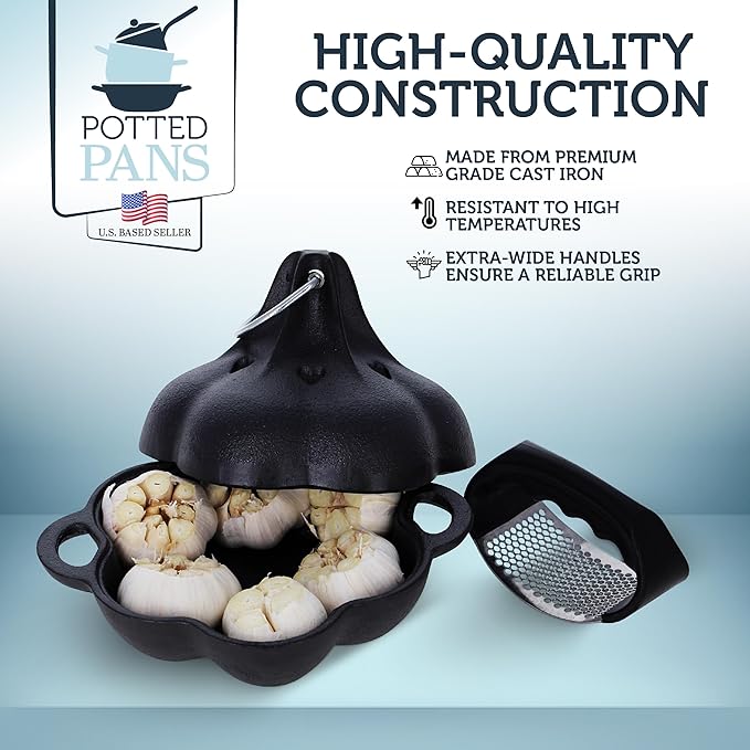 Potted Pans Garlic Roster, Pre-Seasoned Cast Iron Garlic Roaster and Garlic Press, Heavy Duty Garlic Roaster with Lid, Garlic Baker Garlic Cooker for Oven, Grill, Stove, BBQ