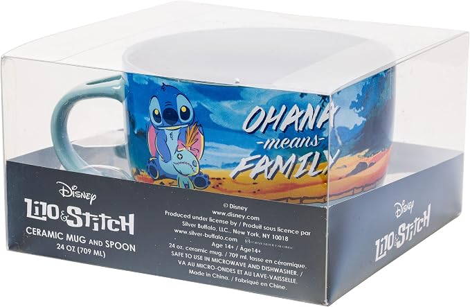 Silver Buffalo Disney Lilo and Stitch Featuring Scrump Ohana Means Family Ceramic Soup Mug Spoon Set, 24 Ounces