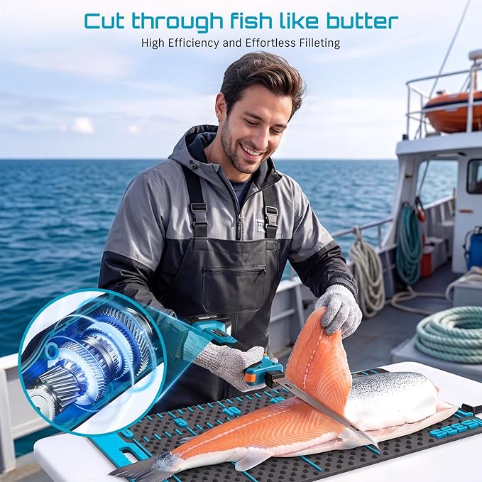 Seesii Cordless Electric Fillet Knife with 4 Blades, 100 Mins High Speed Filet Knife for Fish, Ergonomic Non-Slip Grip, Safty Lock, Carry Bag Kit for Filleting and Meat Slicing