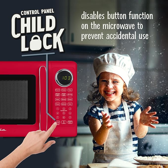 Nostalgia Modern Retro Compact Countertop Microwave Oven - 0.7 Cu. Ft. - 700-Watts with LED Digital Display - Child Lock - Easy Clean Interior - Red