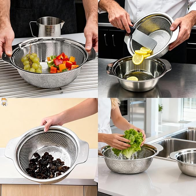 2 PCS Stainless Steel Colander, 3.5 QT 18/8 Stainless Steel Strainer, Colander for Kitchen Made of SUS304 Stainless Steel with Handle for Veggie Fruit Rice Pasta, Easy to Clean