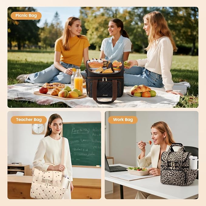 LOVEVOOK Insulated Lunch Bag For Women,X Large Double Deck Adult Lunch Box,Teacher Lunch Tote Bag With Cup Holder,Leakproof Cooler Bag With Adjustable Shoulder Strap For Work Picnic Beach,Larger 24L