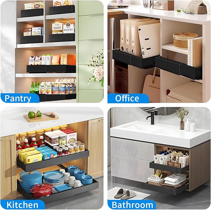 PYOF 2 Pack Pull Out Cabinet Organizer - 21" Deep Pull Out Drawers for Cabinets Expandable(12.4"-20.5") with Adhesive Nano Film Slide Out Drawers for Kitchen Cabinets Shelves Pantry Bathroom (Black)