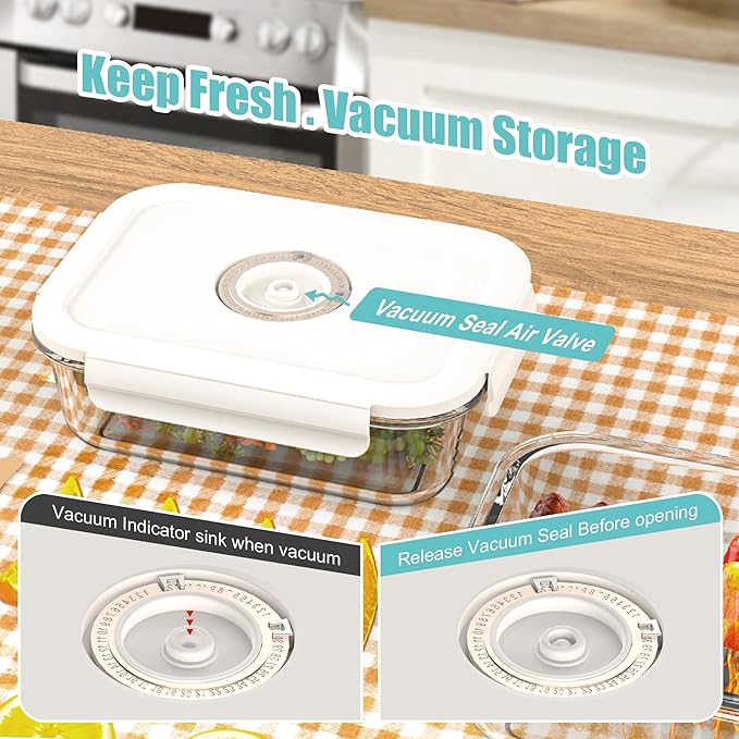 Vacuum Seal Glass Food Storage Containers, 3pcs Containers with 10pcs Sous Vide Bags/ 1pc Manual Pump, Meal Prep Container with Airtight Locking Lids for Lunch, Long-Lasting Freshness
