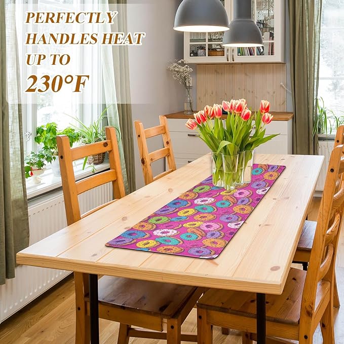 2-in-1 Table Runner Trivet for Hot Dishes Heat Resistant Hot Plate Mat Pad 39x12 Inch Waterproof Table Protector Trivets for Countertop Non Slip Decorative Cute Donuts Colorful