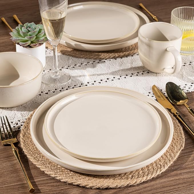 GBHOME Dinnerware Sets for 4, 12 Pieces Stoneware Plates and Bowls Sets, Scratch Resistant Dishes, Dishwasher & Microwave Safe, Reactive Glaze-Vanilla color